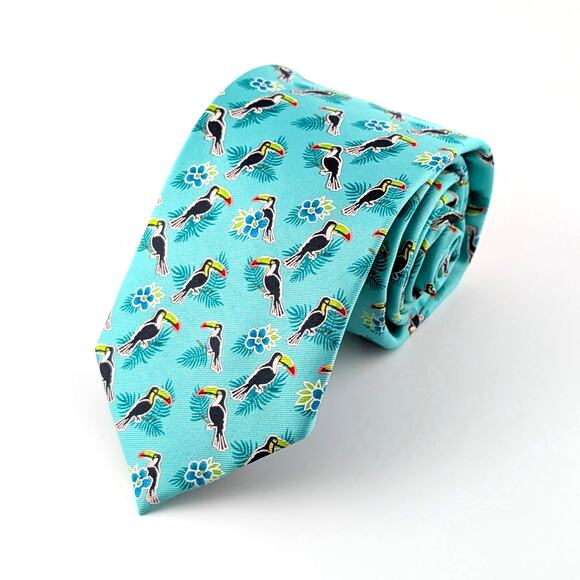 Haggar Clothing Mens Repp Tie Tucan Print Tropical Novelty Colorful Beachy Fun - Picture 1 of 8